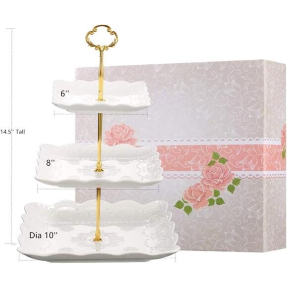 3 Tier Porcelain Cupcake Stand, Tiered Serving Cake Stand, Square White Embossed - Picture 3 of 7